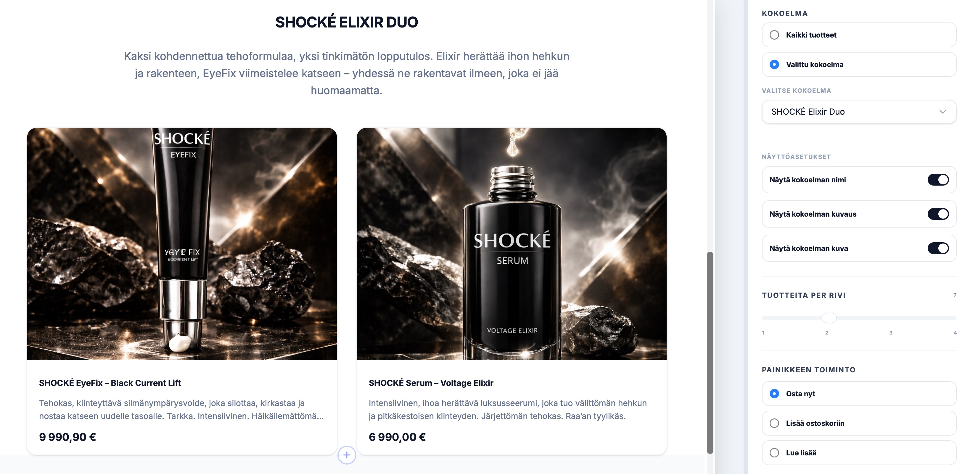 Maksutin 2.1 tuotekokoelma kotisivueditorissa: SHOCKÉ Elixir Duo -kokoelma kahdella tuotteella ja oikean reunan asetukset – valittu kokoelma, näytä kokoelman nimi/kuvaus/kuva, tuotteita per rivi sekä painikkeen toiminto (Osta nyt, Lisää ostoskoriin, Lue lisää)