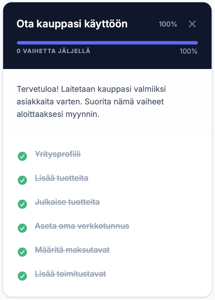 Maksutin 2.1 ohjattu käyttöönotto: yritysprofiili, tuotteiden lisääminen, verkkotunnus, maksutavat ja toimitustavat askel kerrallaan